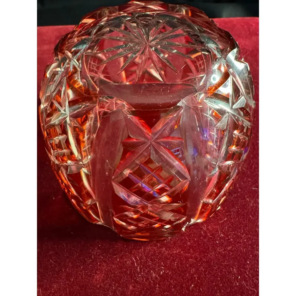 Vintage Clear Cut Cranberry Glass 4” Bowl 2 mm chip